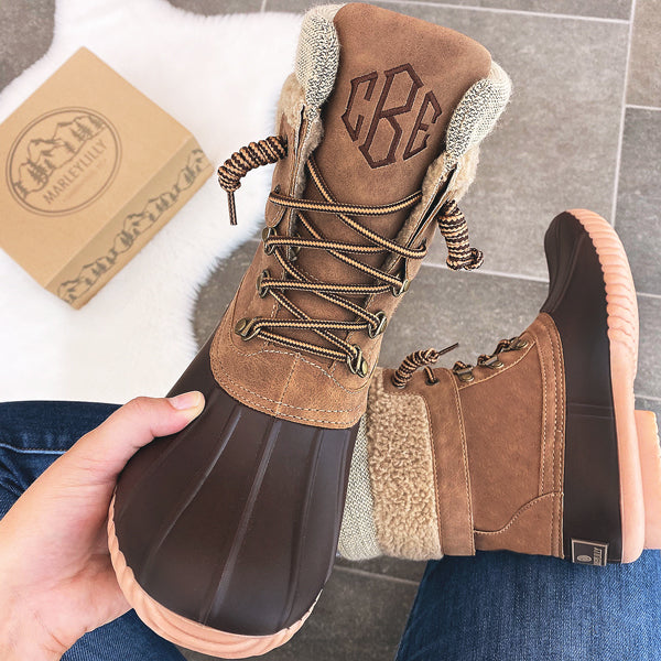 monogrammed brown foldover duck boots with duck boot box