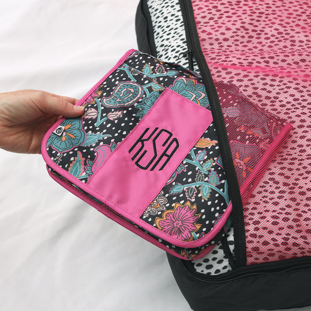 packable cosmetic bag in black spottie weekender duffle