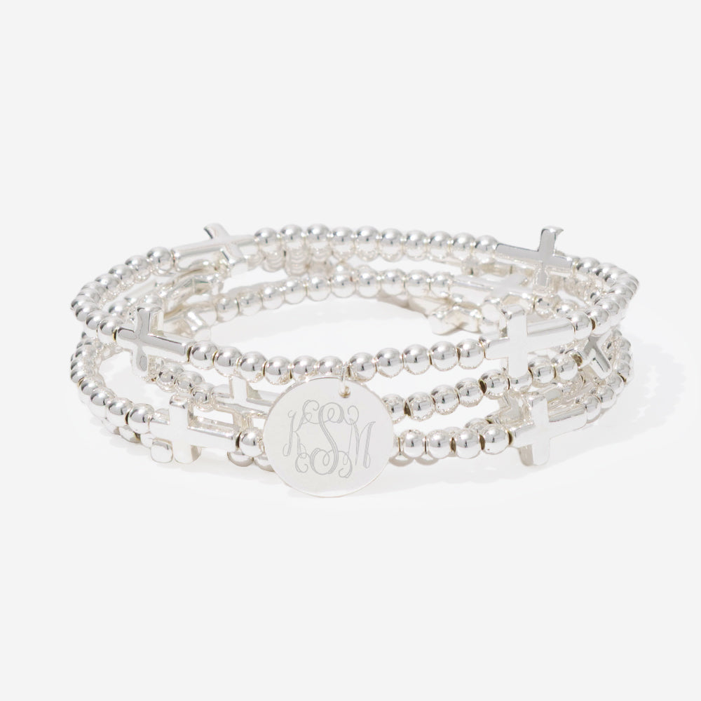 monogrammed cross bracelet stack in silver