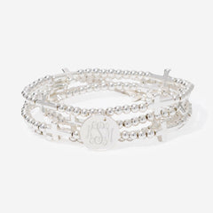 monogrammed cross bracelet stack in silver