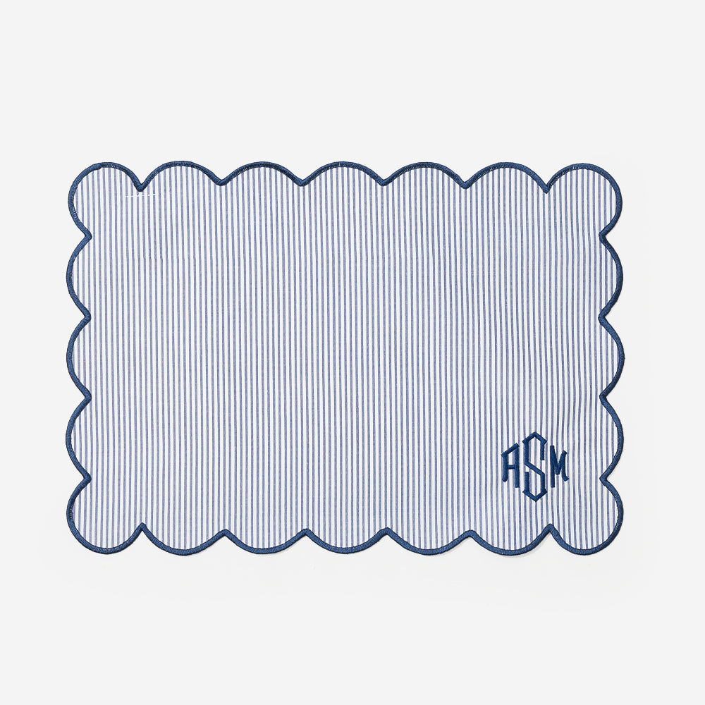Monogrammed Scalloped Placemat in Navy Seersucker