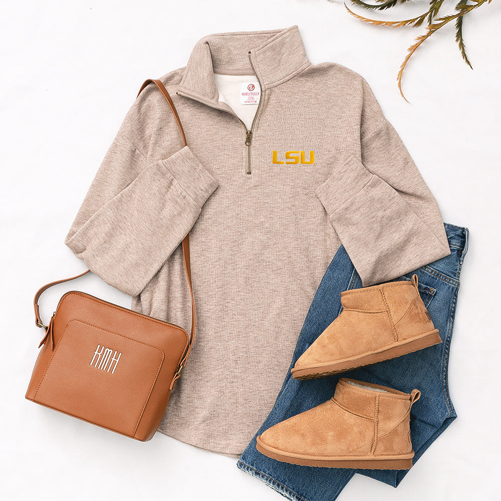 LSU Tigers Heathered Fleece Pullover Flatlay