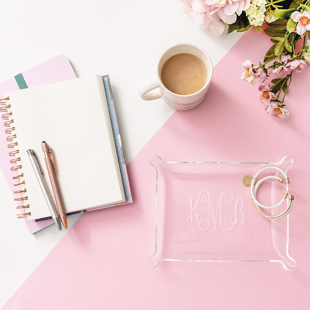 small monogrammed acrylic tray with notebook
