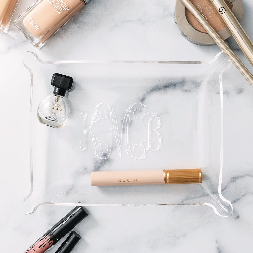 small personalized acrylic tray on marble