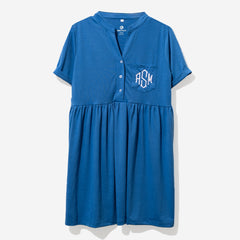 Monogrammed Split Neck Gathered Dress in Blue