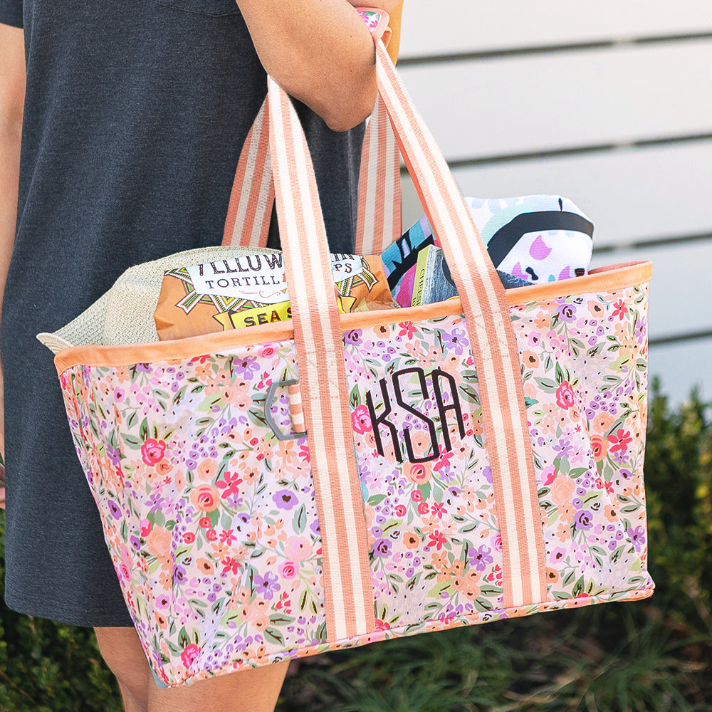 Coral Floral market basket toting snacks