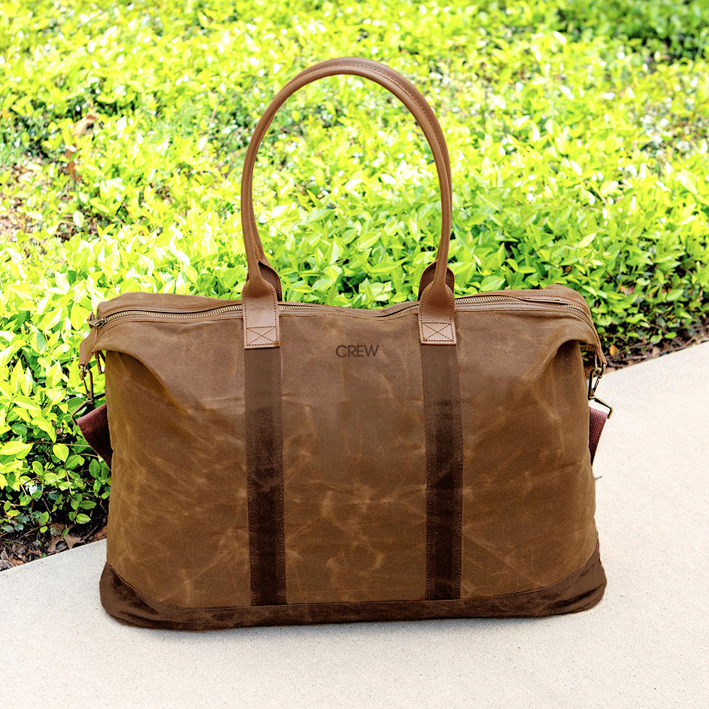 spring 23 brown waxed canvas weekender bag with name