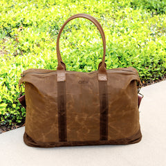 spring 23 brown waxed canvas weekender bag with name