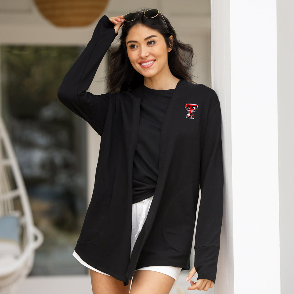 texas tech red raiders black sweatshirt cardigan on woman