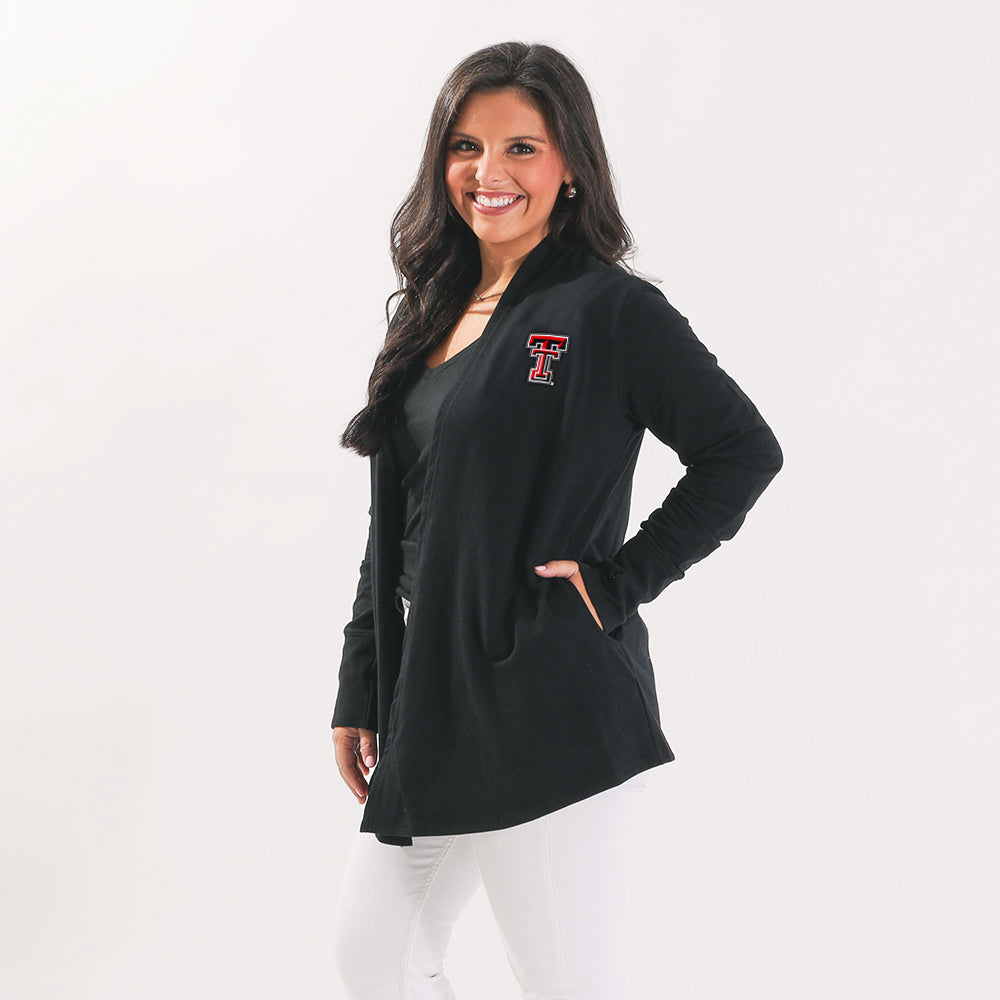texas tech red raiders model wearing black sweatshirt cardigan side view