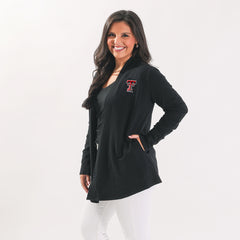 texas tech red raiders model wearing black sweatshirt cardigan side view