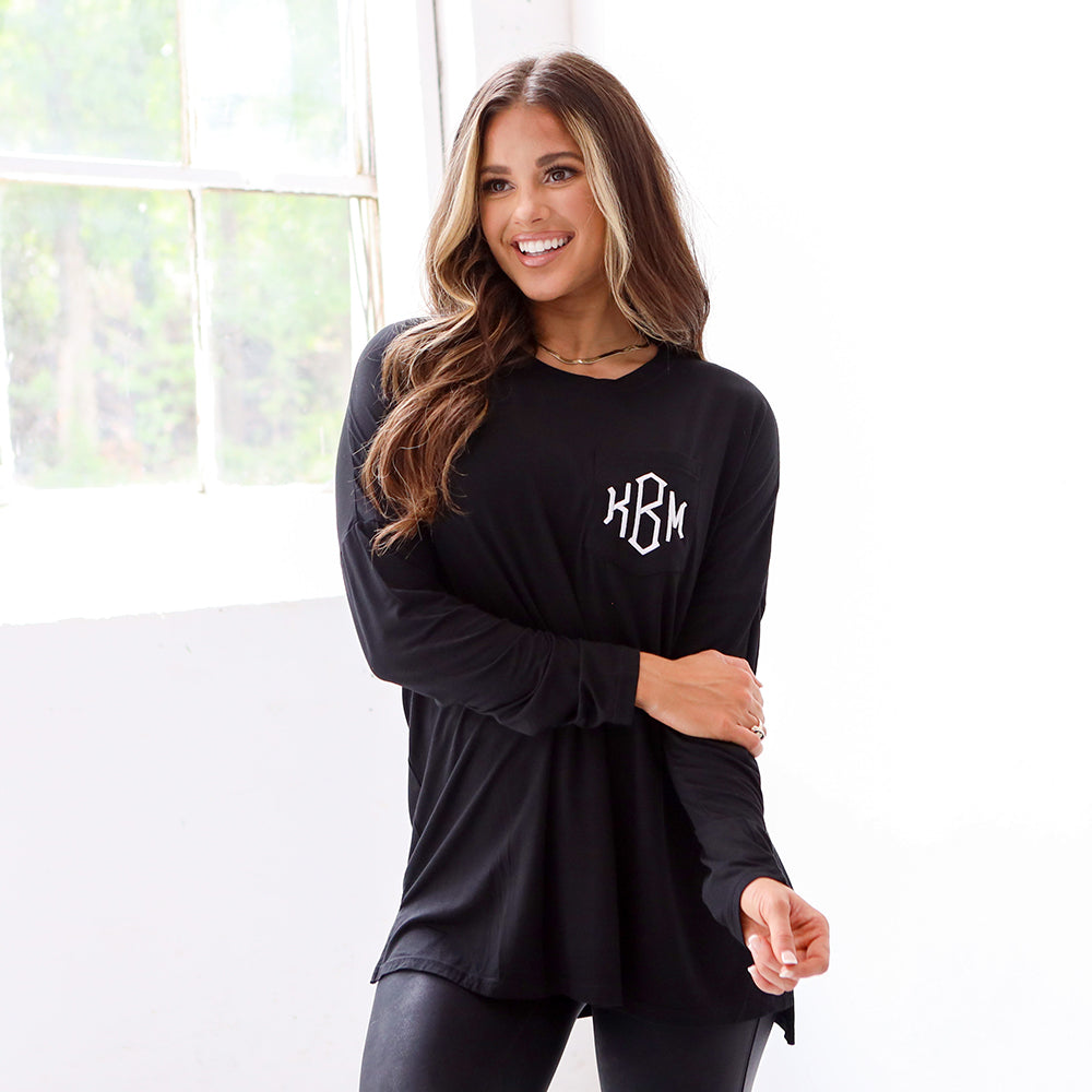 [peyton] Monogrammed tunic shirt in black with leather leggings