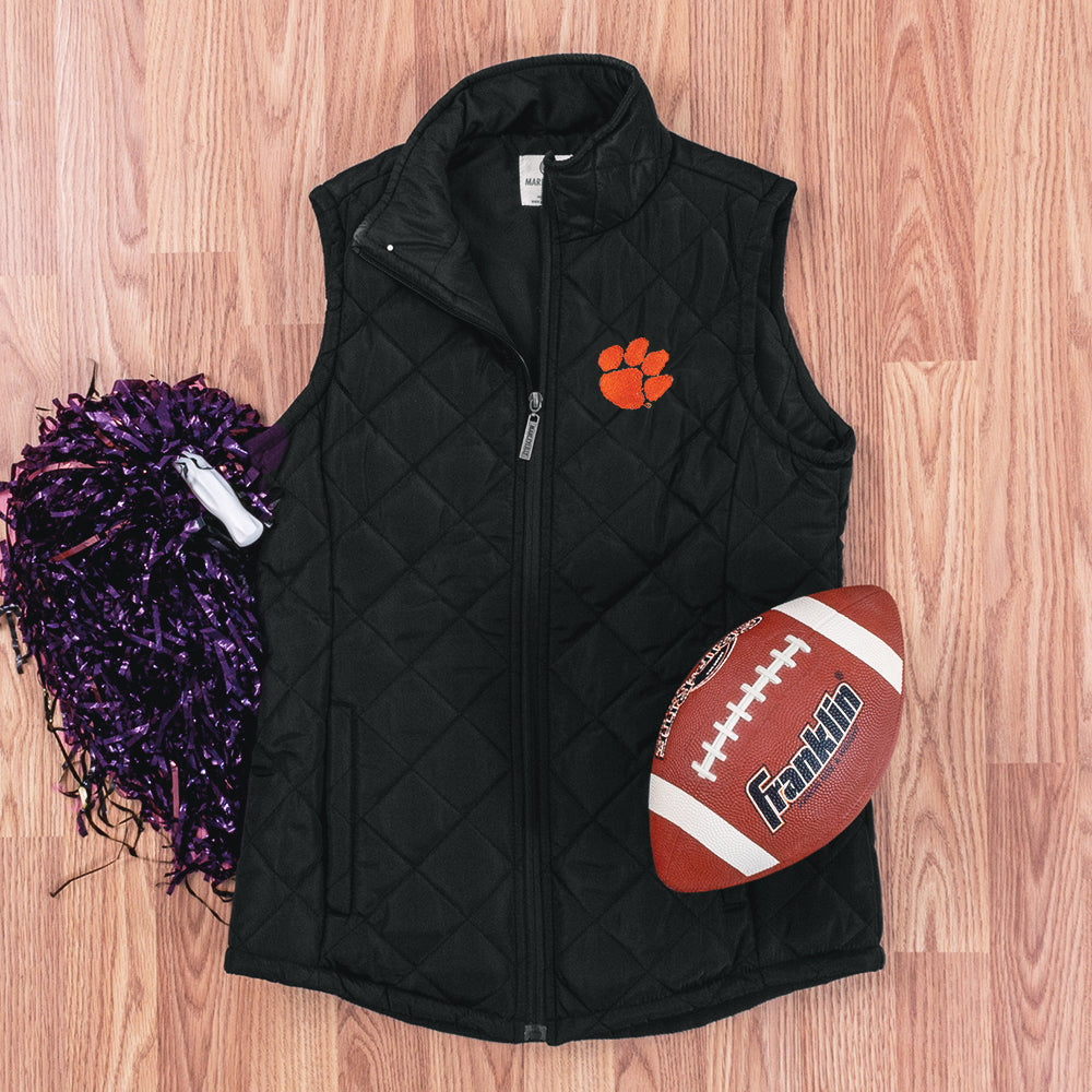 Clemson puffer vest with pom pom and football