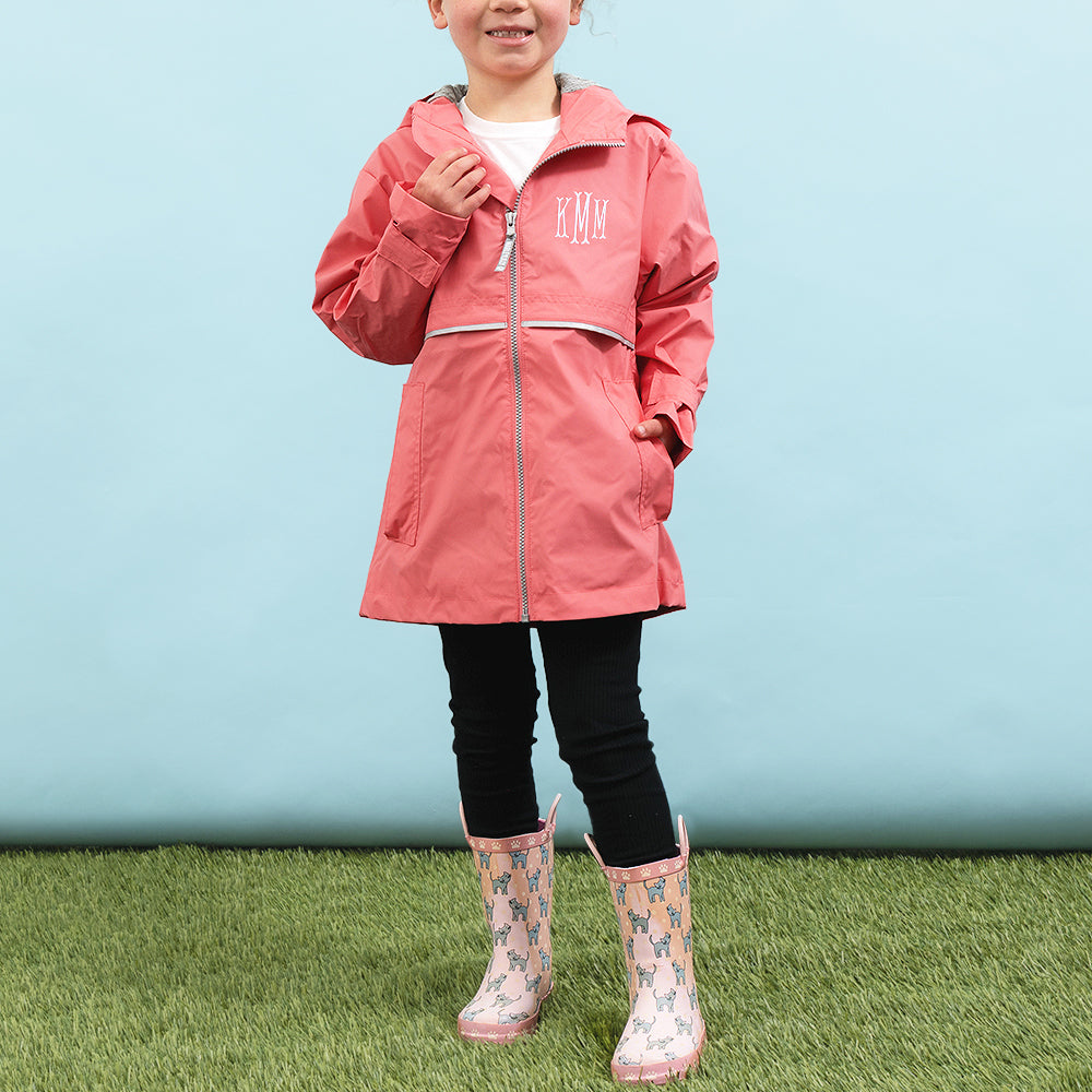 coral youth new england rain jacket on mia