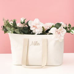 solid ivory monogrammed market basket with pink flowers