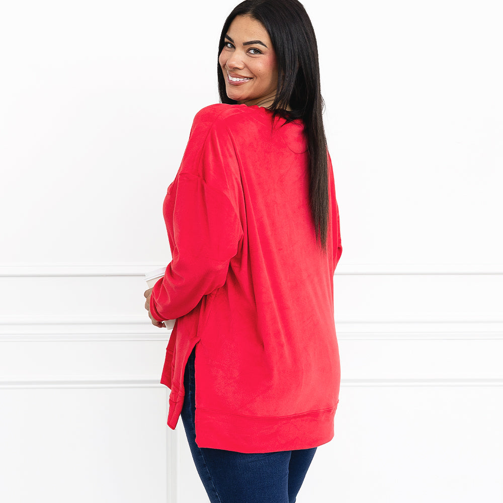 Red softspun sweatshirt from behind