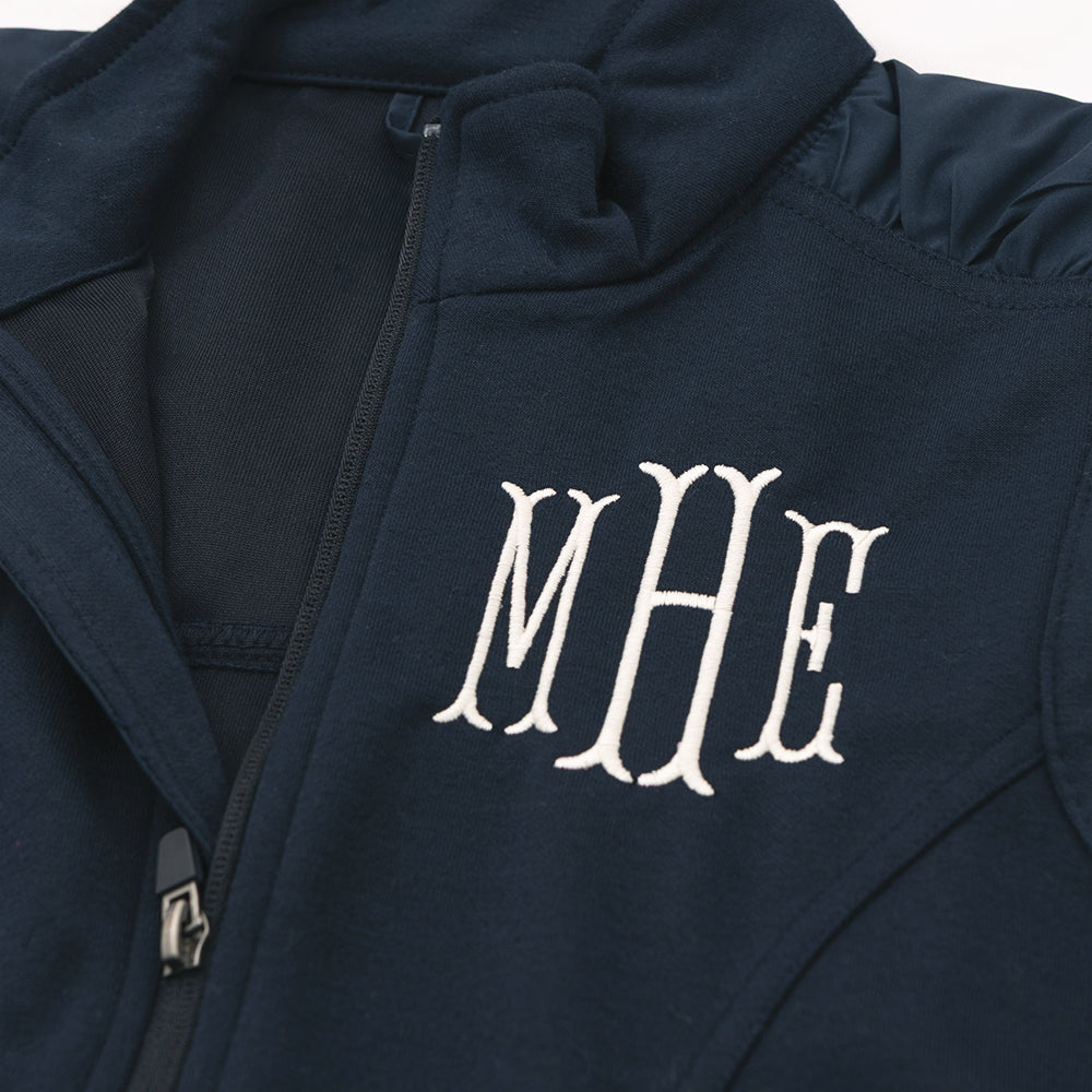 close up of navy personalized lightweight vest