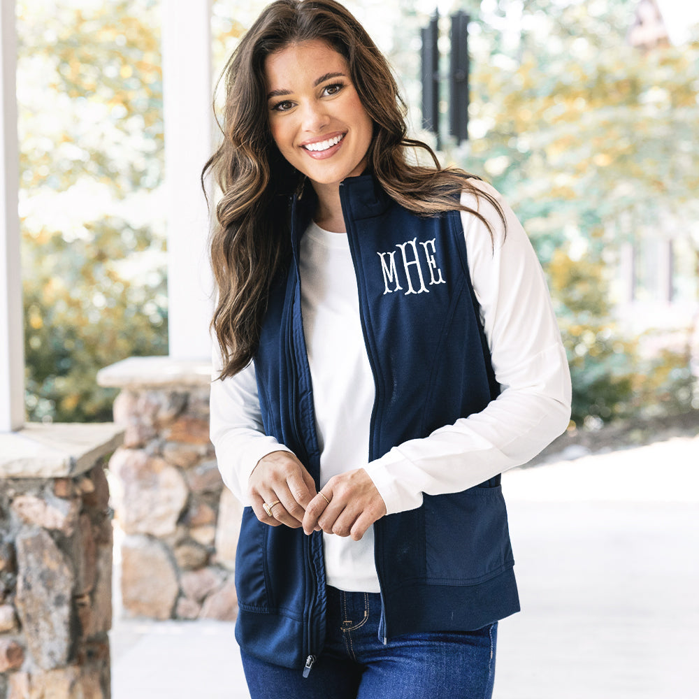 [peyton] girl wearing monogrammed lightweight vest in navy