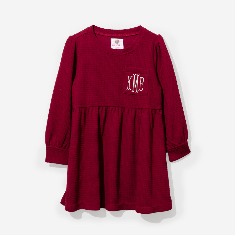 Monogrammed Kids Waffle Dress in Crimson