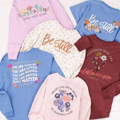 monogrammed faith shirt in cornflower blush heathered burgundy lilac and snow leopard