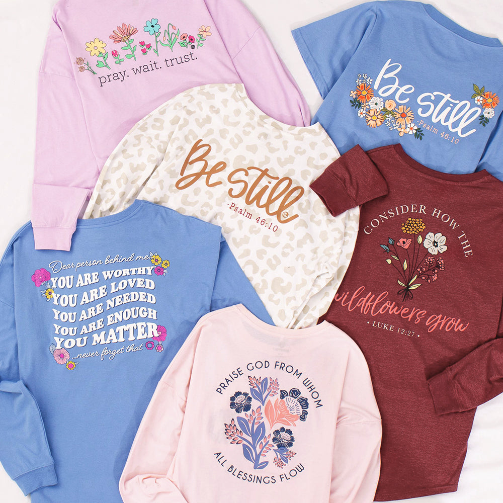 monogrammed faith shirt in cornflower blush heathered burgundy lilac and snow leopard
