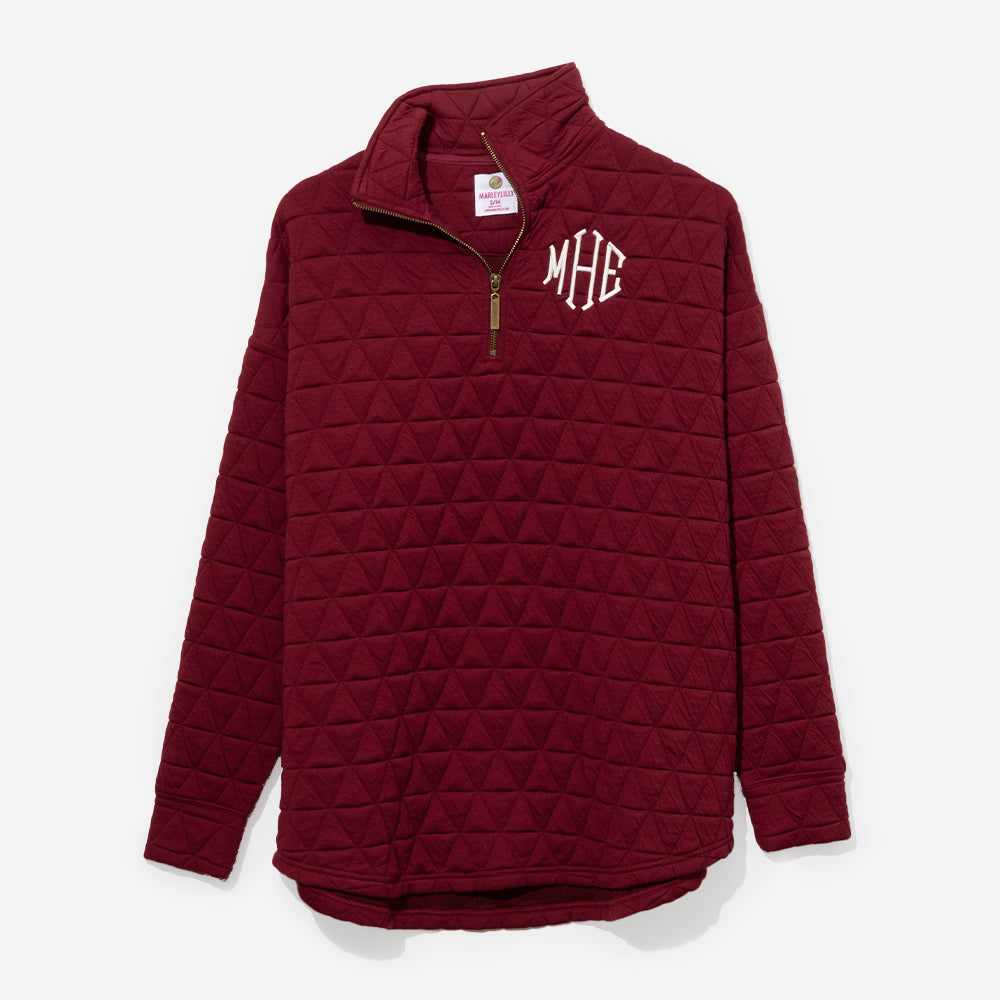 Monogrammed Quilted Quarter Zip Pullover in Crimson