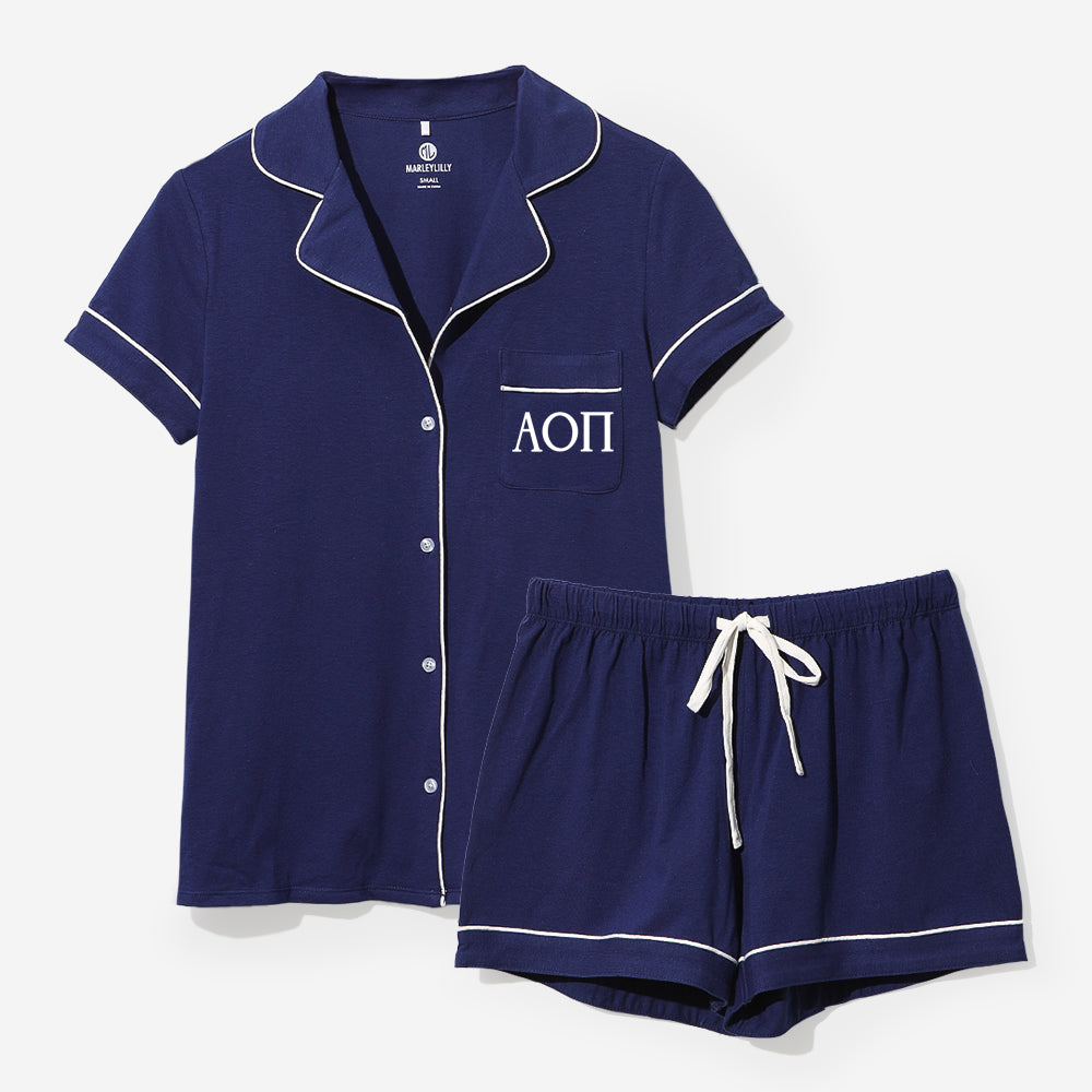 Alpha Omicron Pi Classic Sleep Set in Navy | Monogrammed Sorority Pajamas