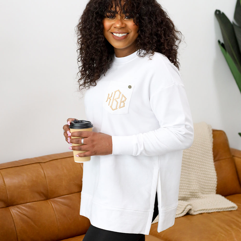 Close up of white crewneck sweatshirt