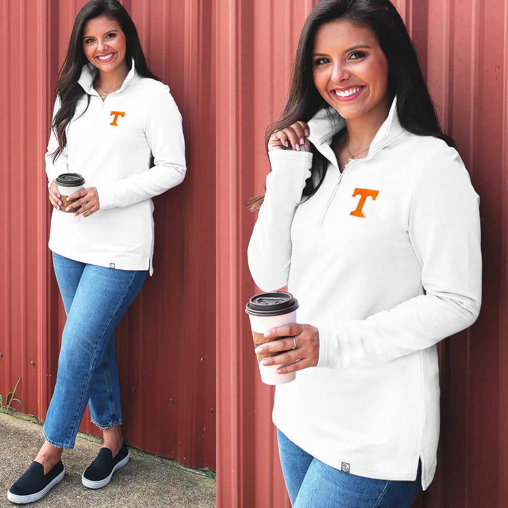 quarter zip white tennessee pullover with jeans and slide ons