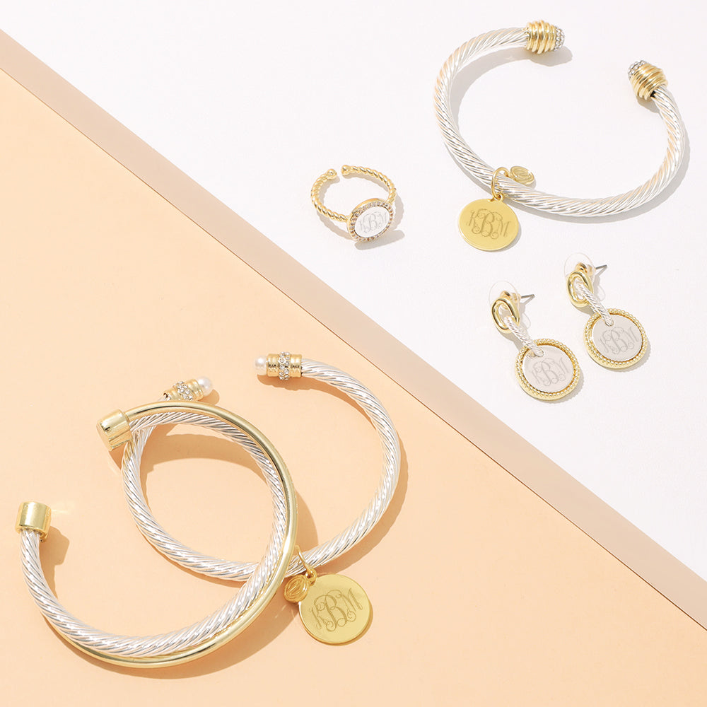 group shot of cable drop earrings, cable bracelets, and adjustable ring