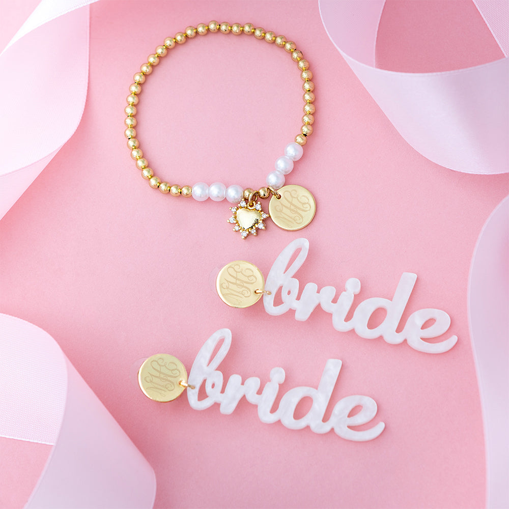 bride earrings and pearl heart bracelet with ribbon