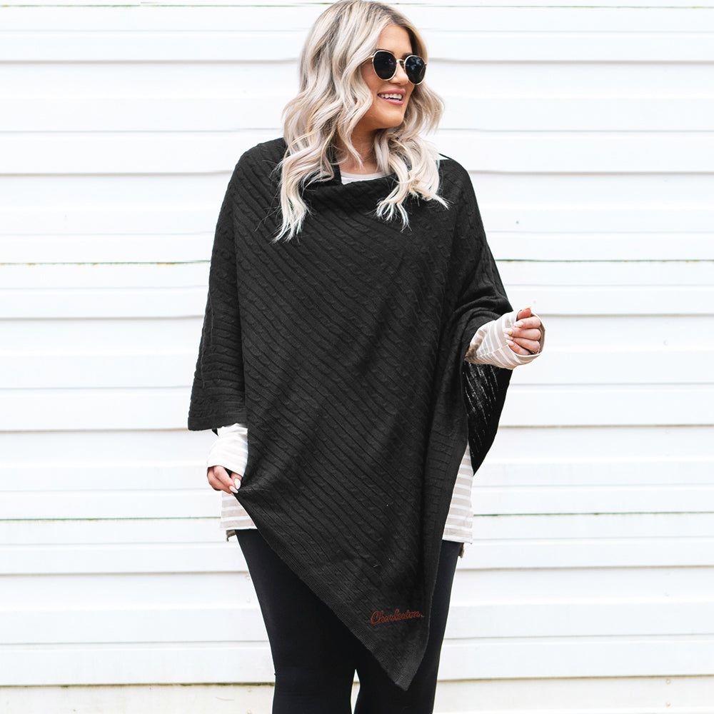 model wearing college of charleston poncho