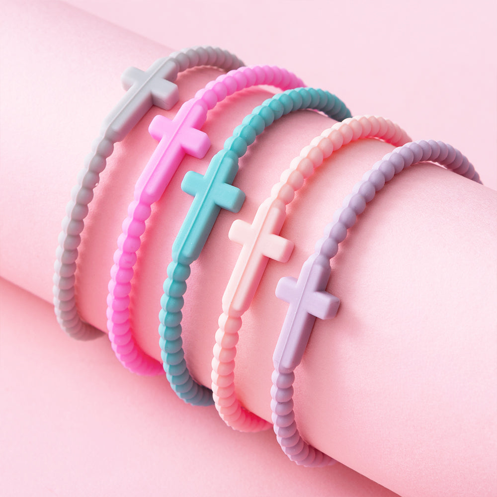 Silicone Cross Bracelet Set on pink