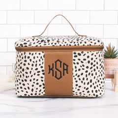 Monogrammed leopard Spotted Train Case on counter