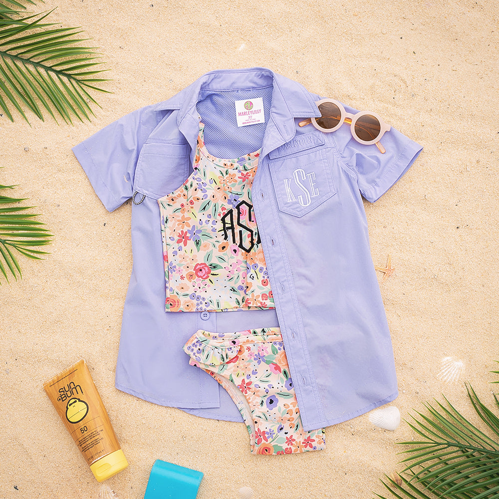 personalized lavender fishing shirt with coral floral ruffle tankini