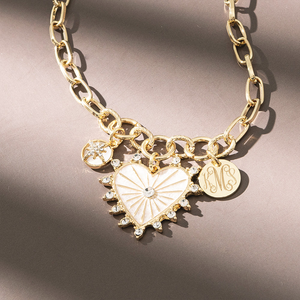 Heart charm necklace on brown detail shot