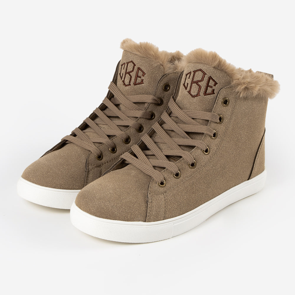 Monogrammed High Top Sneakers in tan
