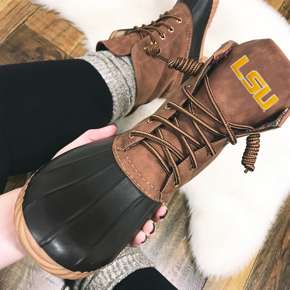 lsu brown duck boots sitting