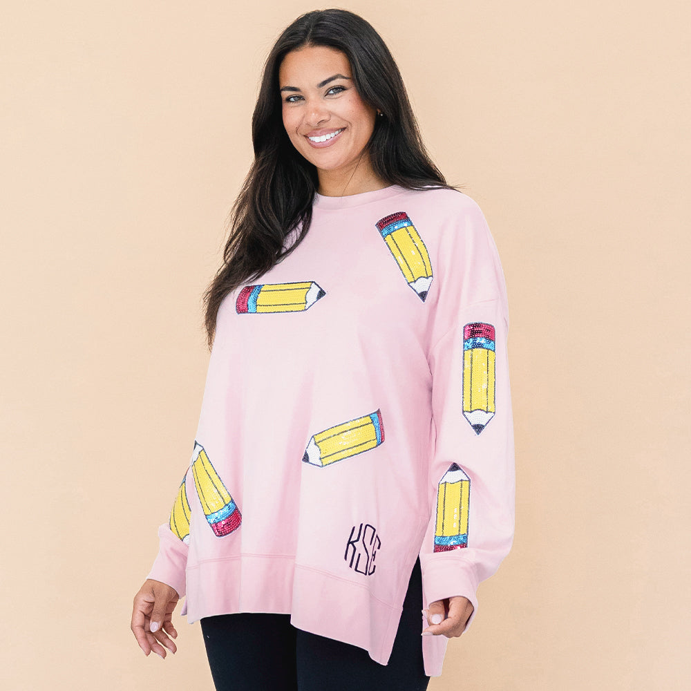 sequin teacher sweatshirt on julia ann