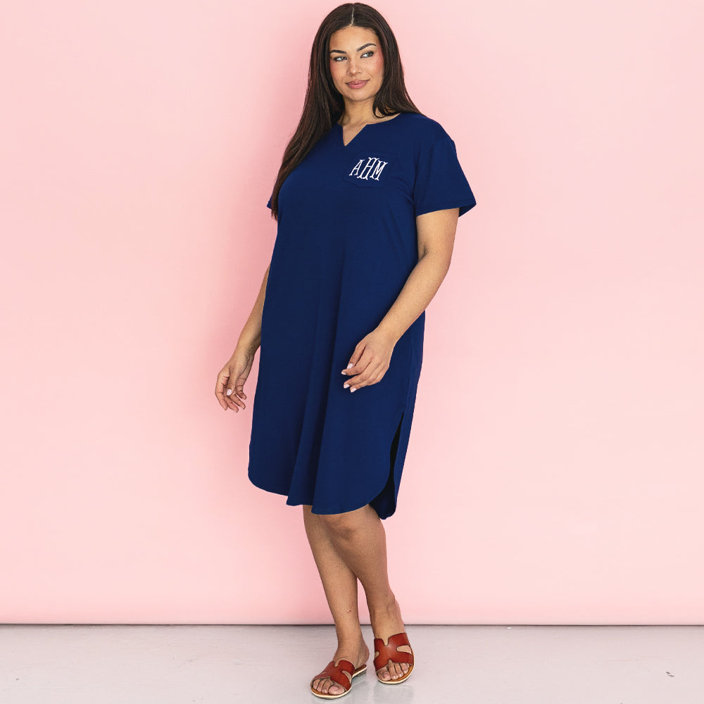 girl wearing monogrammed navy midi dress