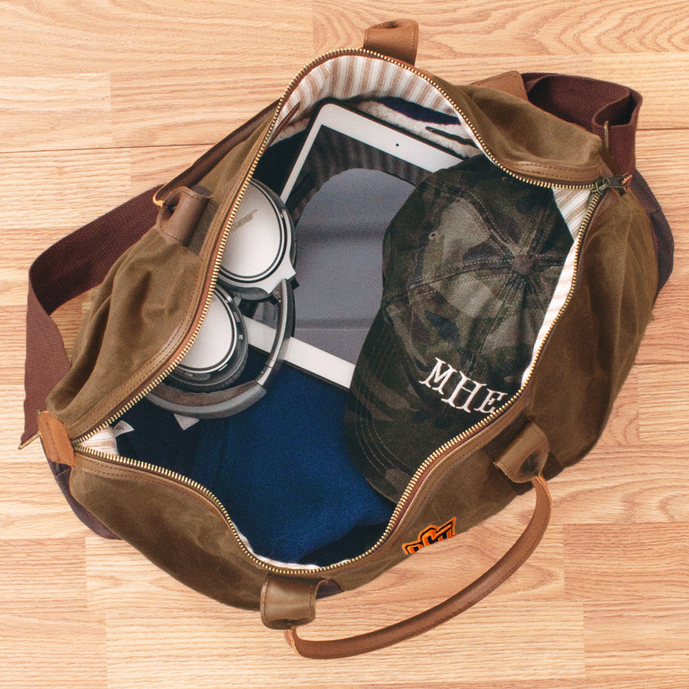 inside of Oklahoma State Waxed Canvas Weekender