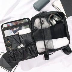 open shot of bag on black packable backpack