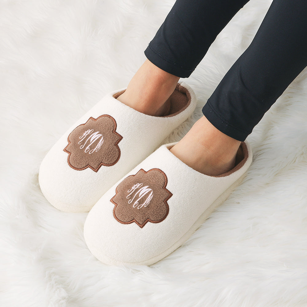 brown personalized quatrefoil slippers