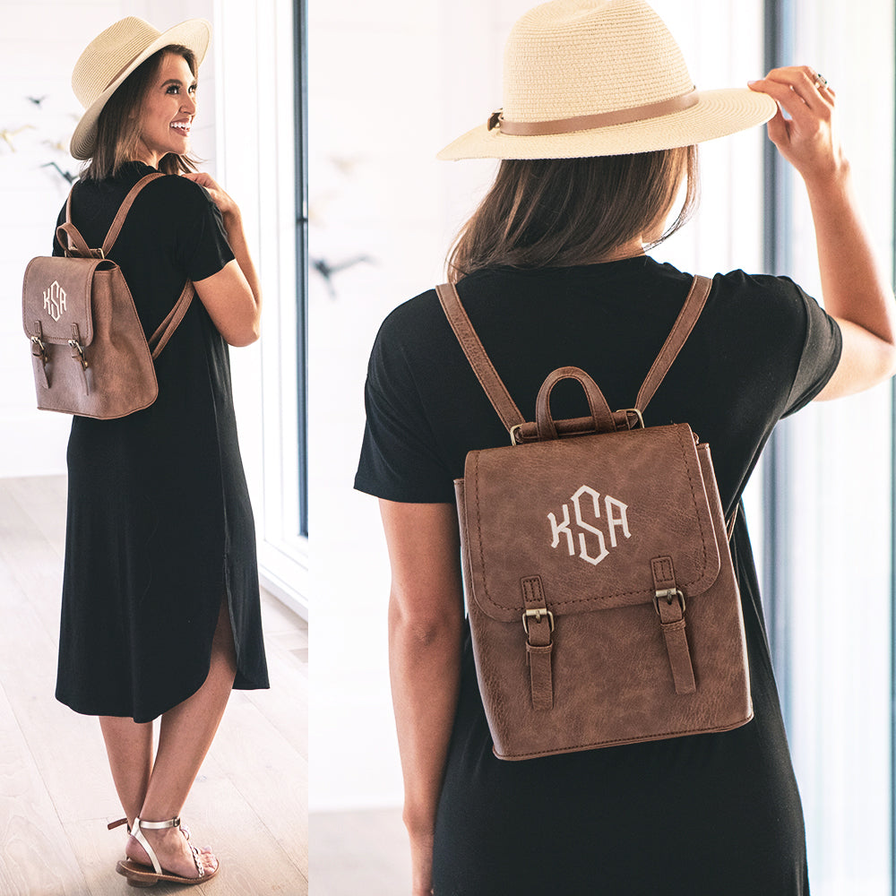 monogrammed backpack purse with monogrammed midi dress
