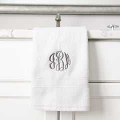 white hand towel hanging off the sink