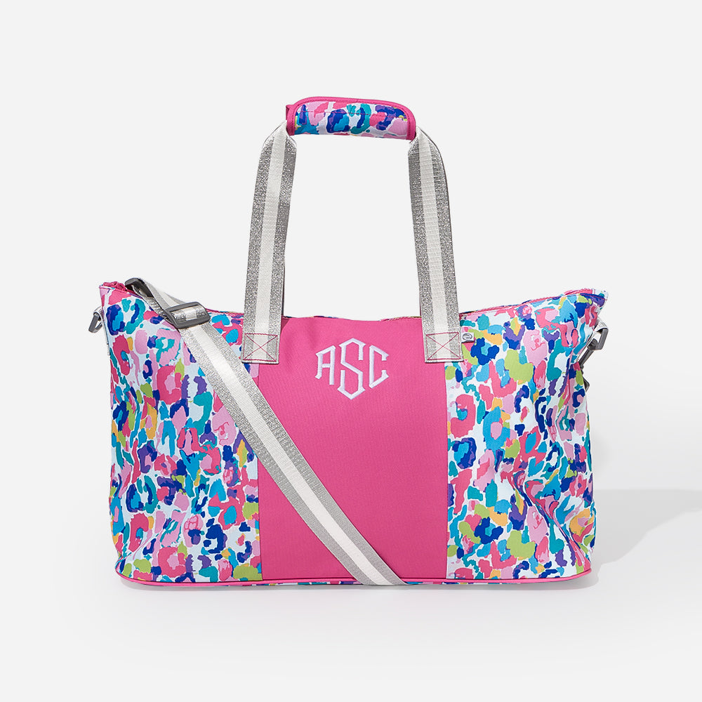 monogrammed kids weekend bag in watercolor cheetah