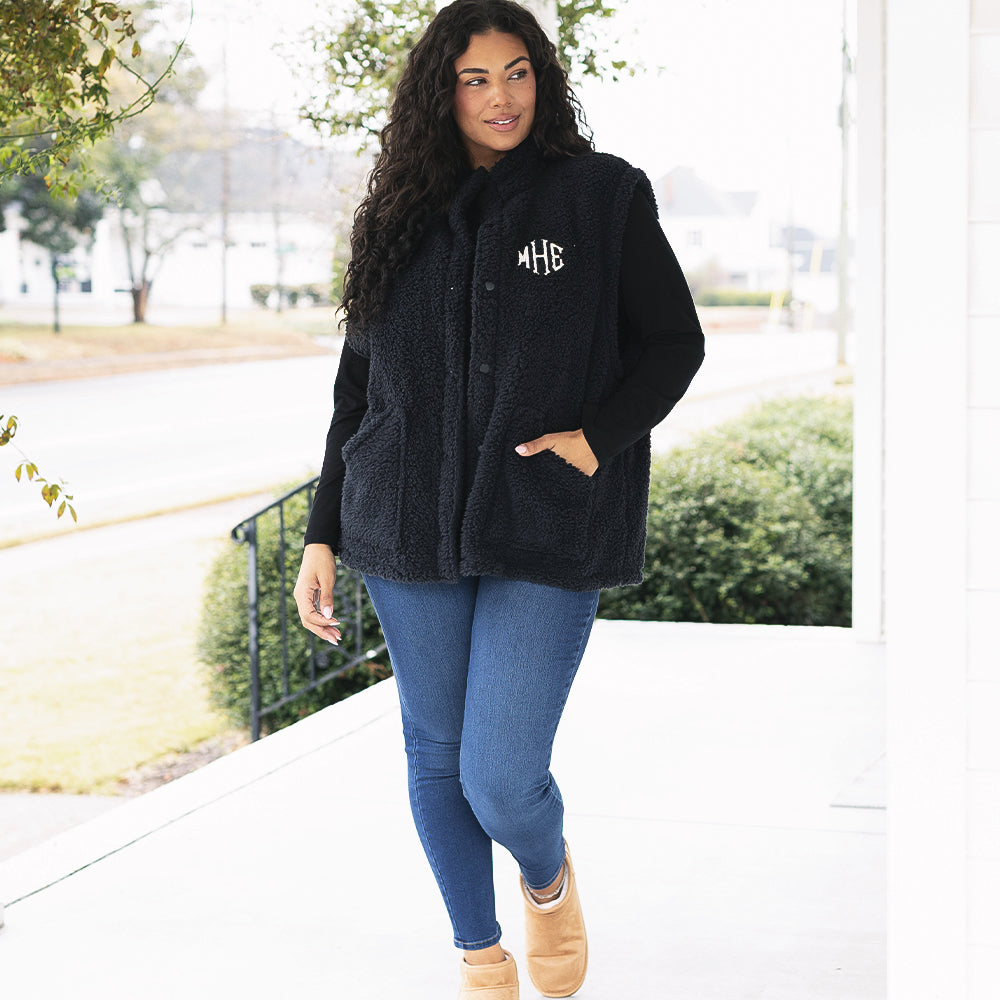 black oversized sherpa vest on Julia