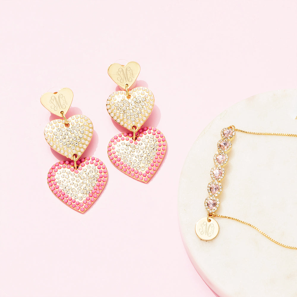 pink heart earrings with rhinestone heart bracelet