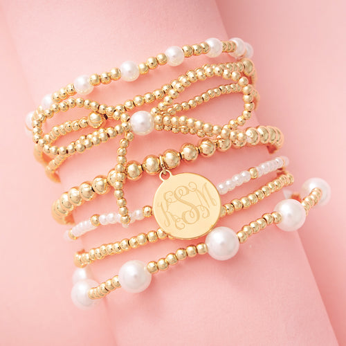 pearl bow monogrammed bracelet stack in gold