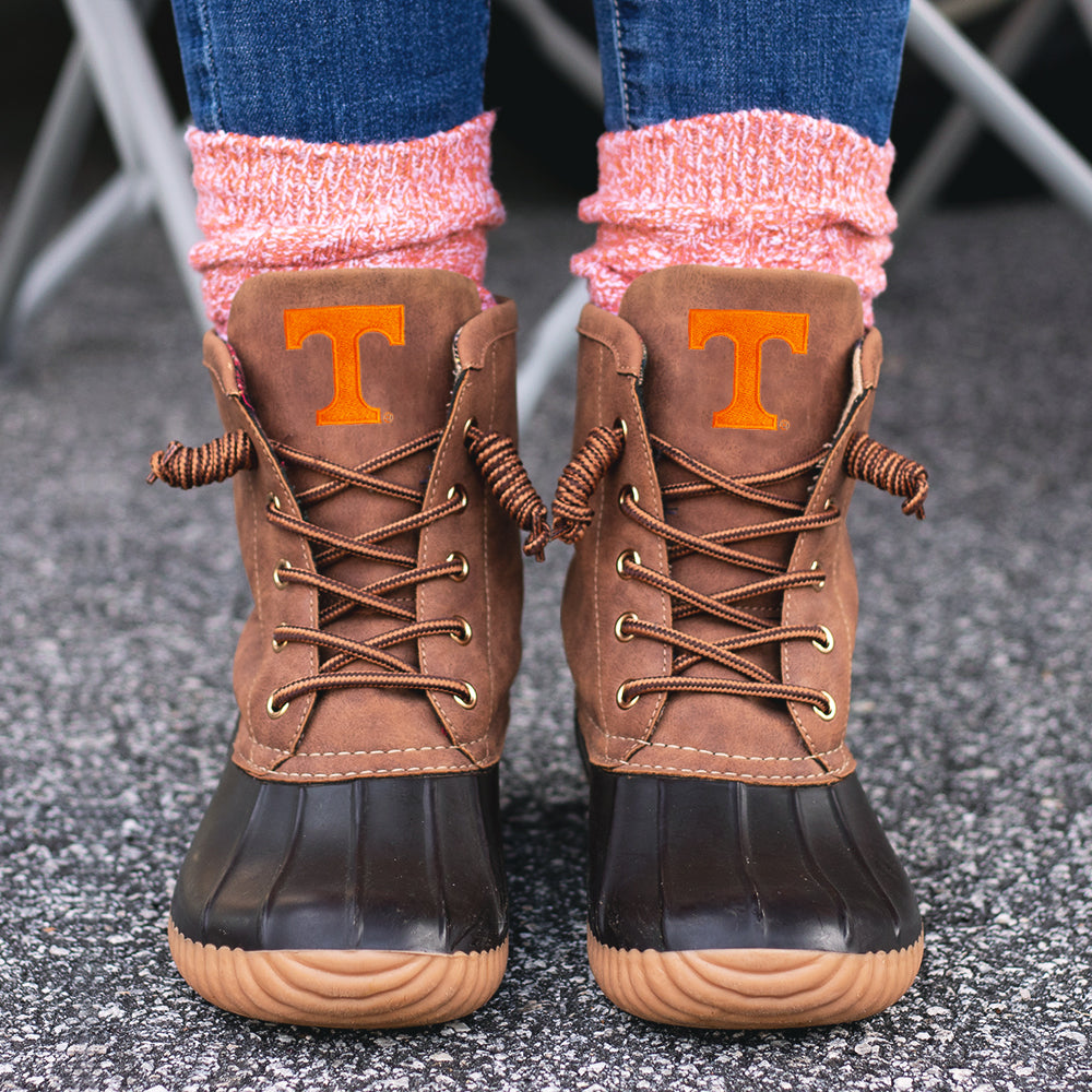 tennessee duck boots in brown with orange duck boots socks